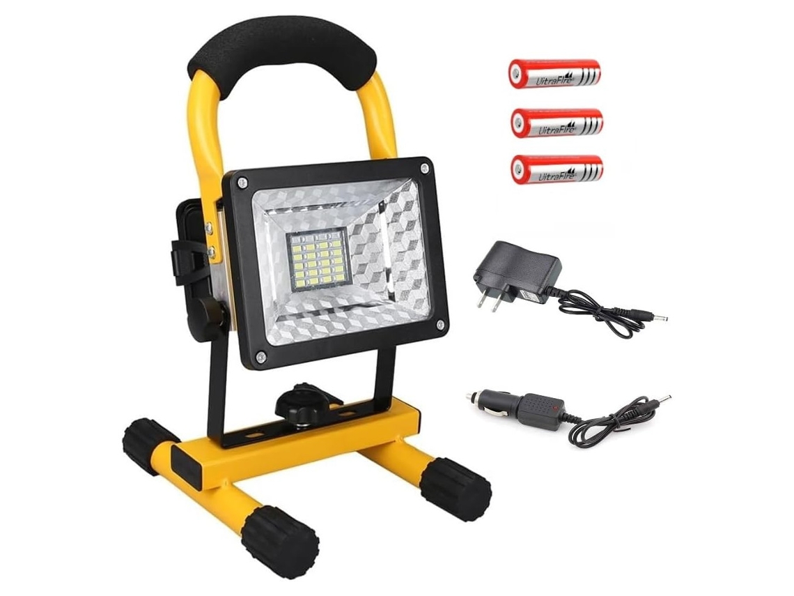 Refletor LED portátil recarregável de 30 W, à prova d'água, alimentado por bateria, para uso externo.