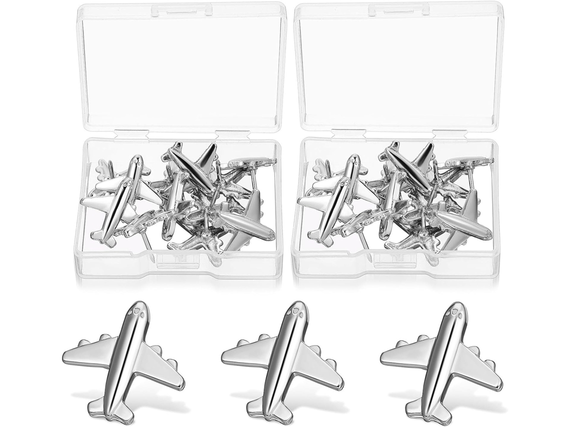 Conjunto de 24 pinos de metal, construção robusta e uso versátil, com design de avião em metal dourado para paredes e mapas.