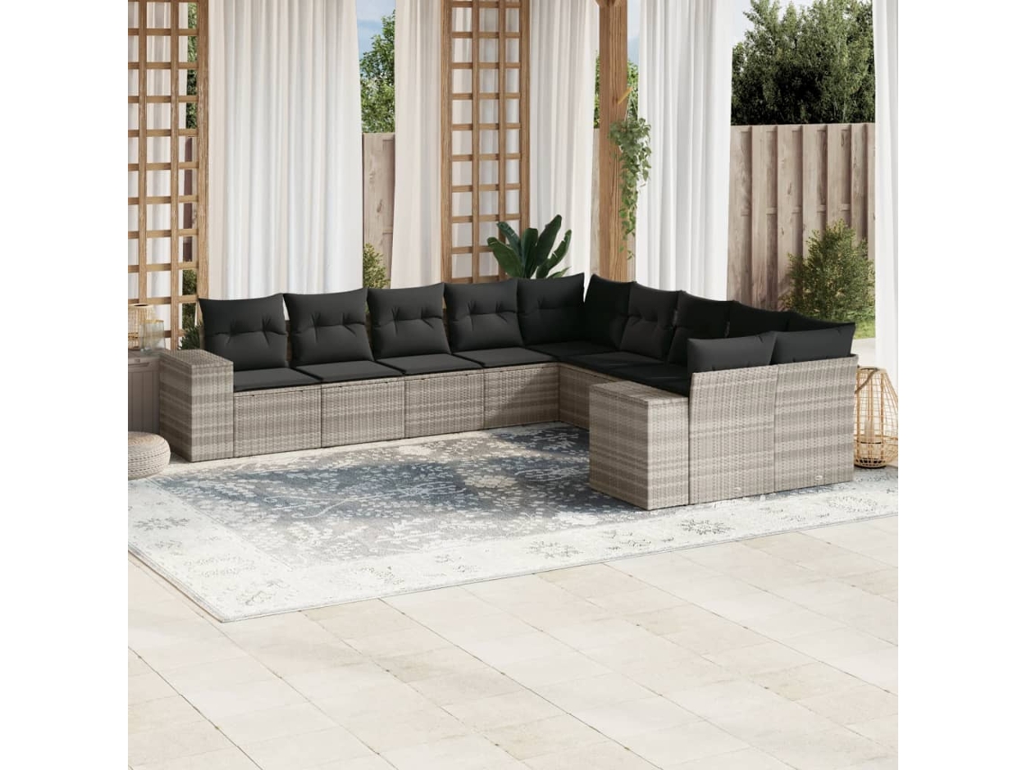Vidaxl 10 Pcs Conj. Sofás Jardim Com Almofadões Vime Pe Cinzento-claro