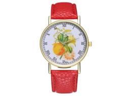 Reloj De Pulsera De Cuero Con Patrón De Frutas Moda Cuarzo Para Hombre Y Mujer Rojo