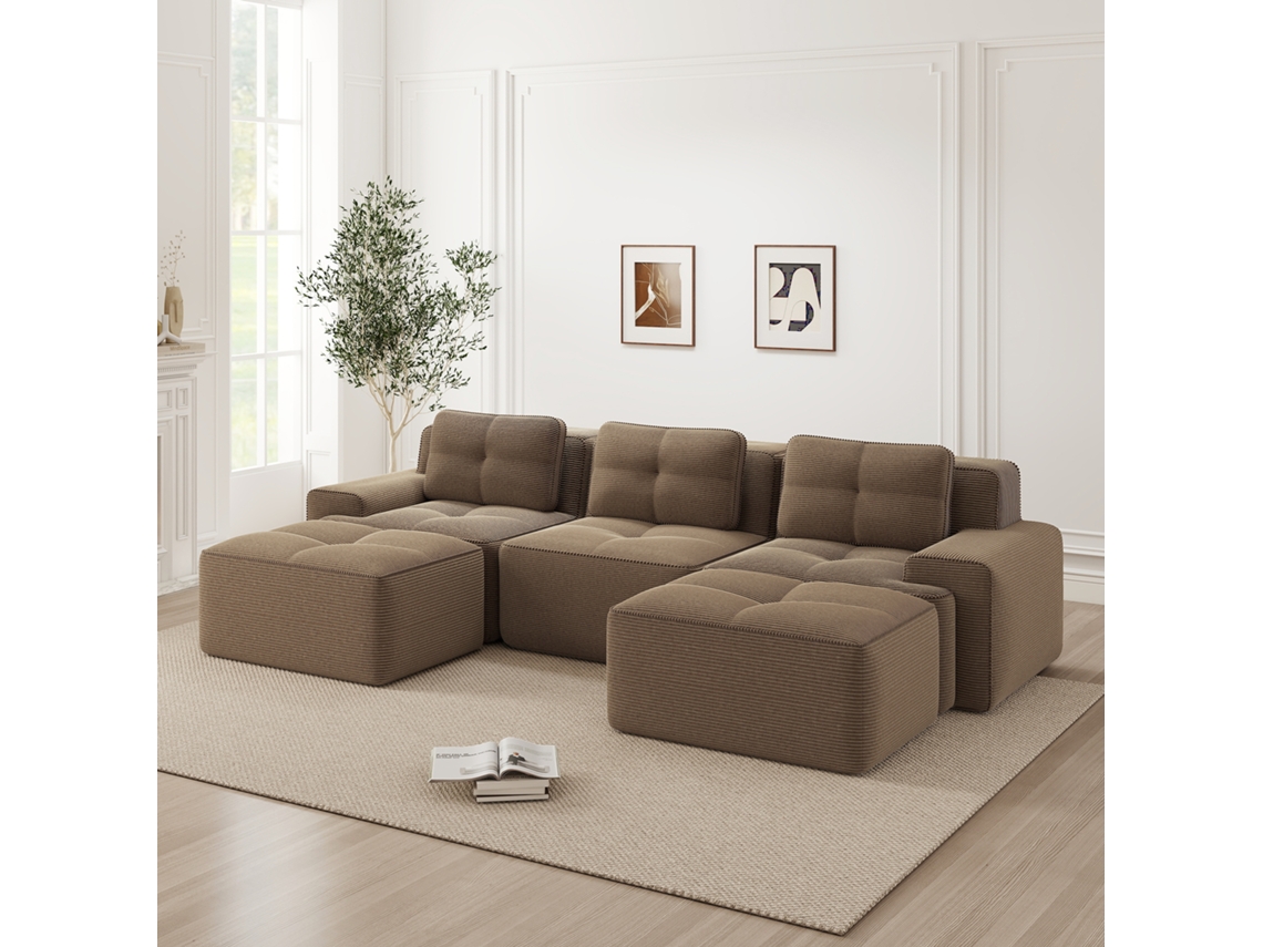Sofá Modular Cloud Marrom U, Com Puff, Veludo Cotelê, 3l, Sem Montagem.-kd