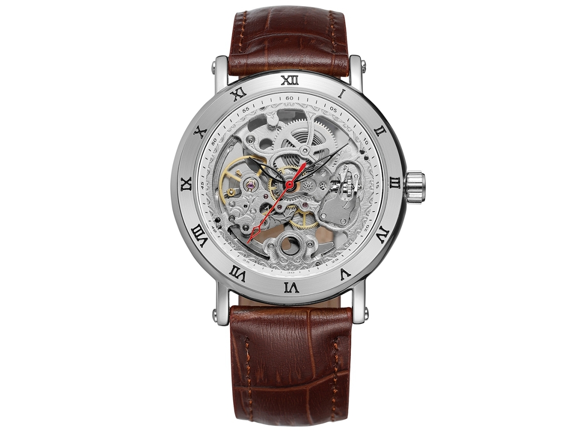 Relógio masculino Forsining automático mecânico com pulseira de couro PU, resistente à água, design vazado.