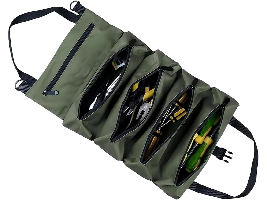 Bolsa de ferramentas portátil, dobrável, impermeável e durável em tecido Oxford com zíper, verde.