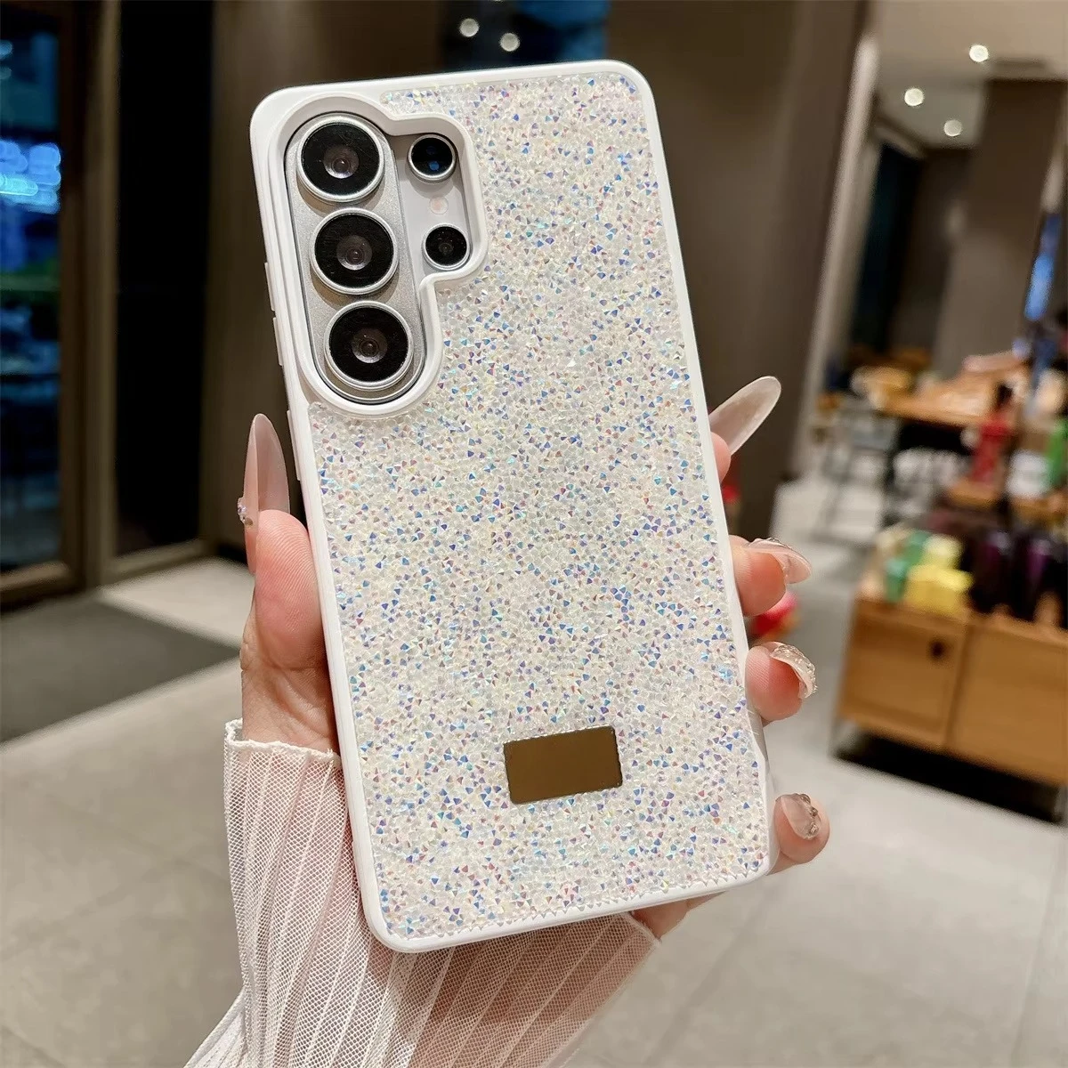 (branco, Galaxy S25) Capa Brilhante Para Celular Samsung, Com Logotipo Metálico Na Parte Traseira E Proteção Completa.
