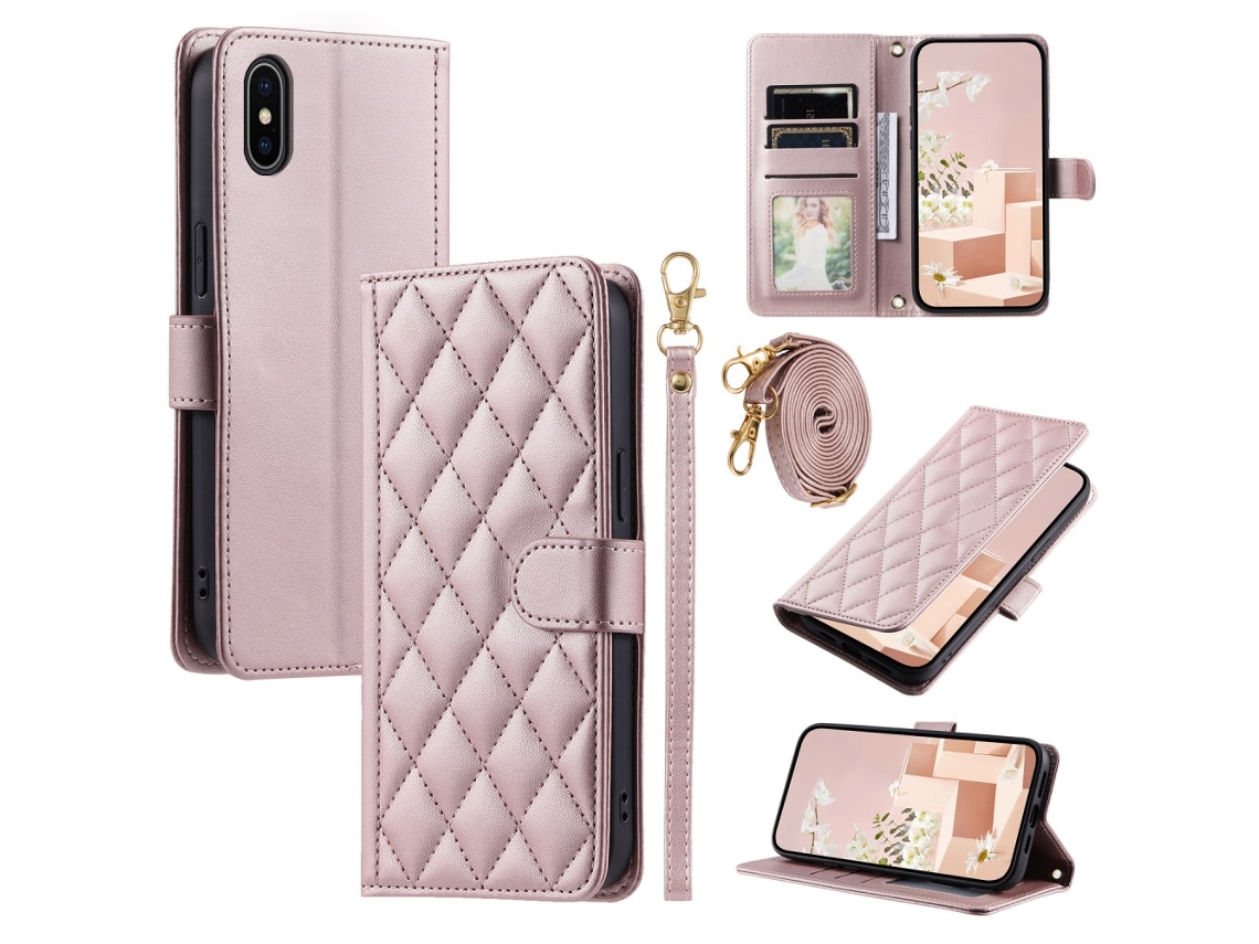 Capa Em Couro Pu Com Suporte Para Apple Iphone X / Xs - Ouro Rosa