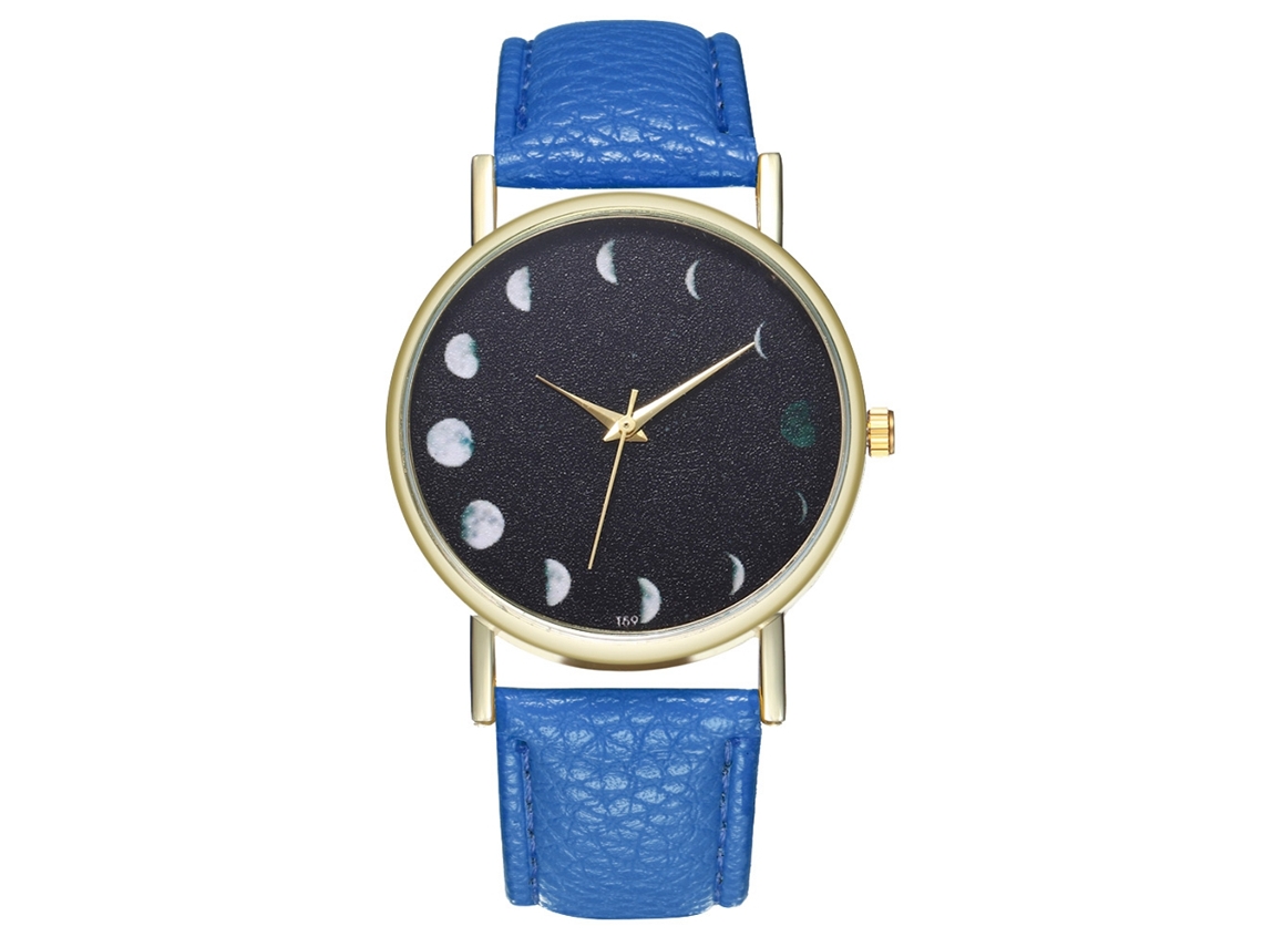 Relógio de Pulso Analógico de Quartzo com Pulseira Pu Padrão de Lua Azul