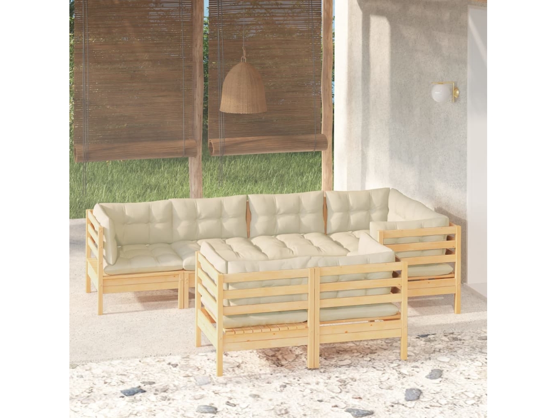 Vidaxl 7 Pcs Conjunto Lounge Jardim C/ Almofadões Creme Pinho Maciço
