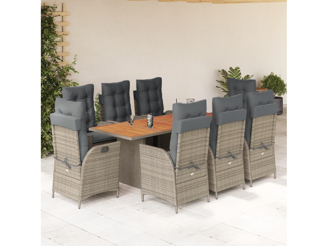Vidaxl 9 Pcs Conjunto De Jantar P/ Jardim C/ Almofadões Vime Pe Cinza