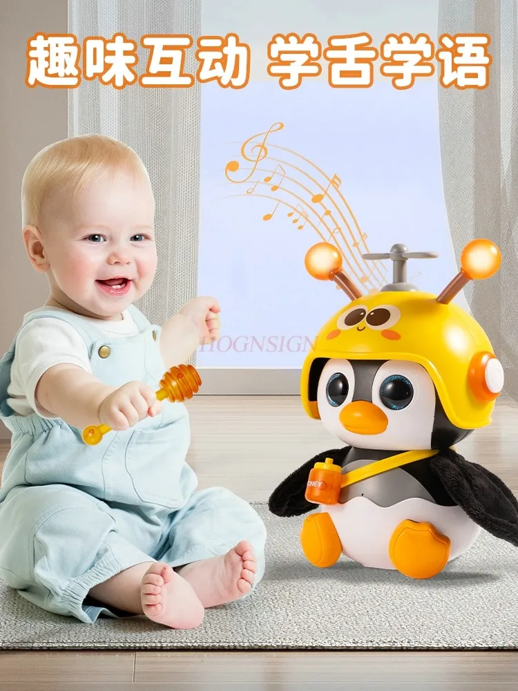 Pinguim elétrico inteligente para bebês e crianças de 0 a 3 anos, que vibra para auxiliar no treino ou no levantamento da cabeça.