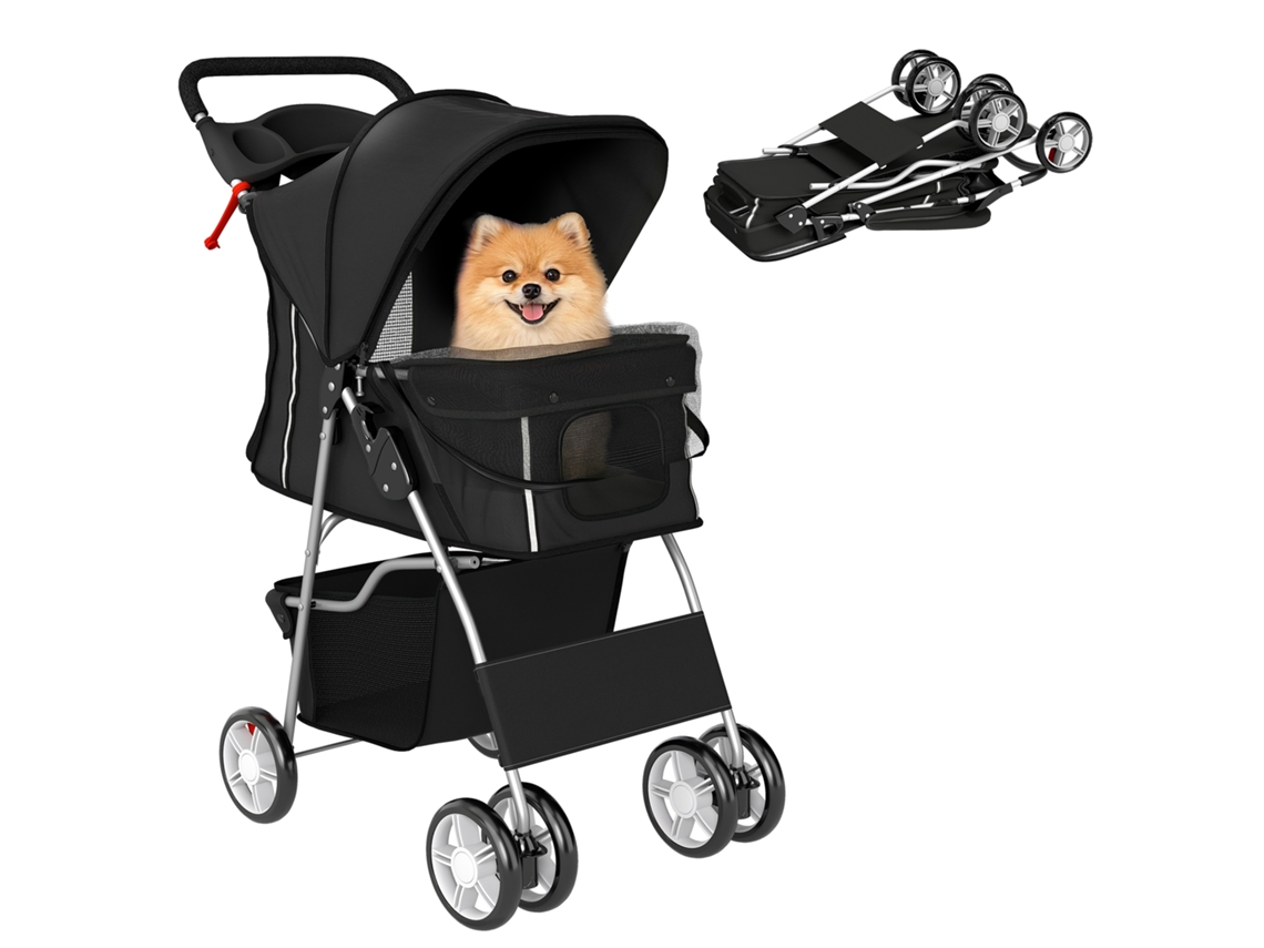 Carrinho Dobrável para Cães com Cesta e Porta copos. Peso Máximo: 10 Kg. 77x44x102 Cm. Preto Ge