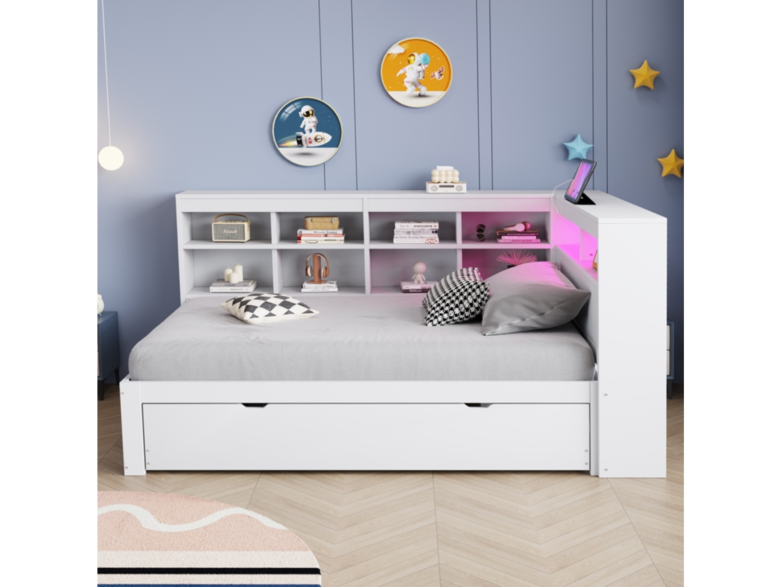 Sofá Em Madeira Maciça 90x200 - Com Cama Dobrável, Tomada Usb E Luz Led, Prateleiras, Grande Espaço De Arrumação - Branco