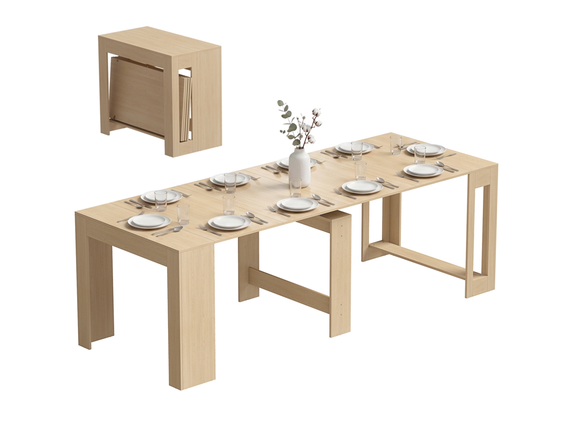 Mesa Jantar Extensível, Espaços Pequenos, Transforma Em Mesa De Apoio, 10 Pessoas, Madeira Marrom Claro