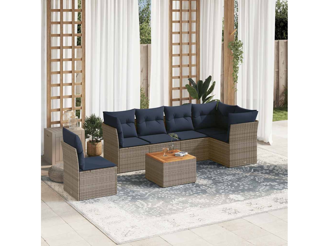 Vidaxl 7 Pcs Conjunto Sofás P/ Jardim C/ Almofadões Vime Pe Cinzento