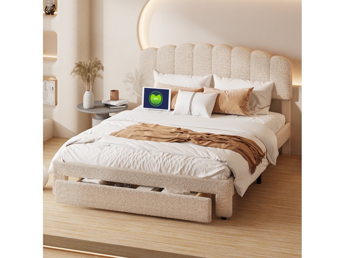 Cama De Casal Com Arrumação 160x200 Cm Em Veludo Teddy Bege, Cabeceira Ajustável Com Usb, Gaveta De Armazenamento, Cama Estofada Sem Colchão