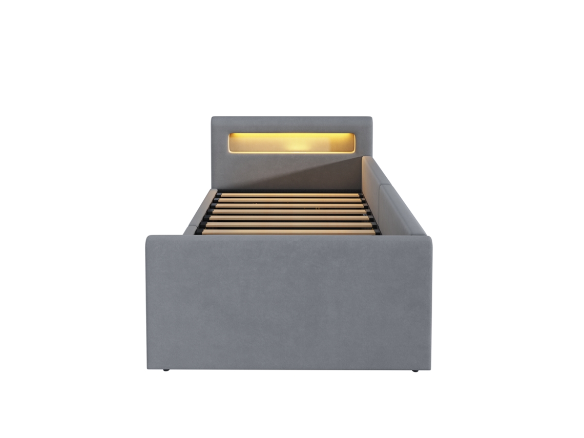 Cama Suspensa TOPBRICO 90x200 com LED, USB, cabeceira de linho cinza