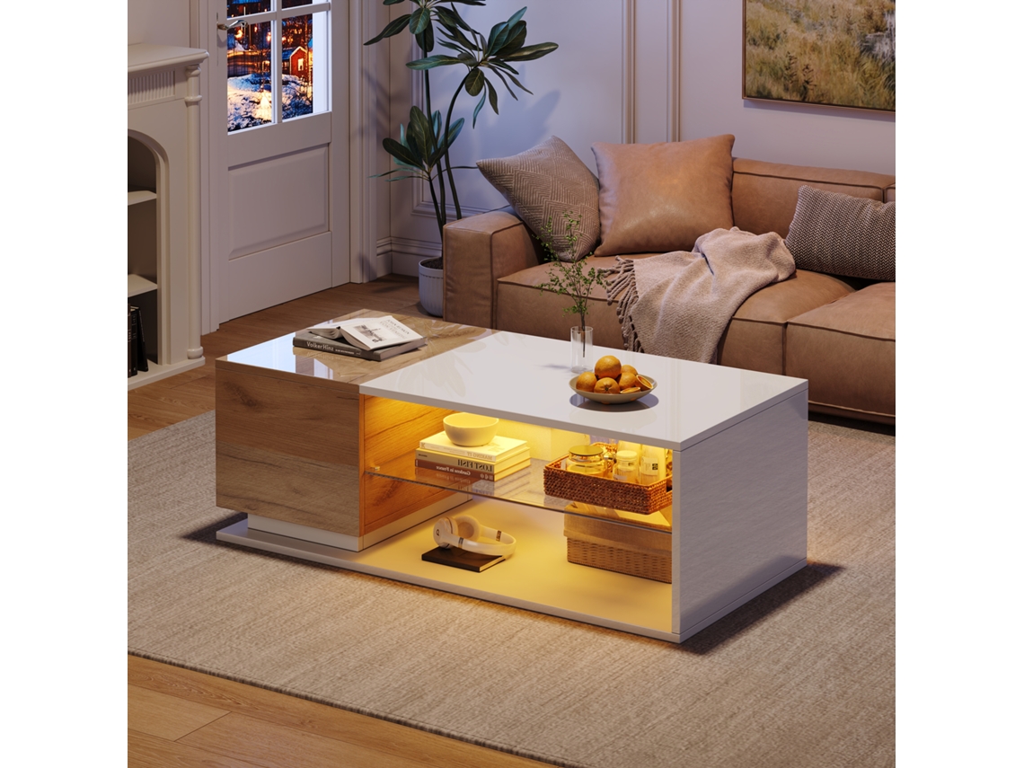 Mesa De Centro Led Alto Brilho, Com Arrumação, 105x50x36 Cm, Para Sala De Estar