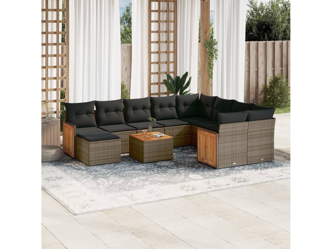 Vidaxl 11 Pcs Conjunto Sofás De Jardim C/ Almofadões Vime Pe Cinzento