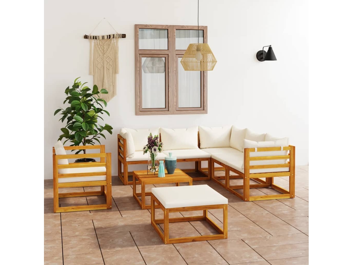 Vidaxl 8 Pcs Conjunto Lounge Jardim C/ Almofadões Acácia Maciça Creme