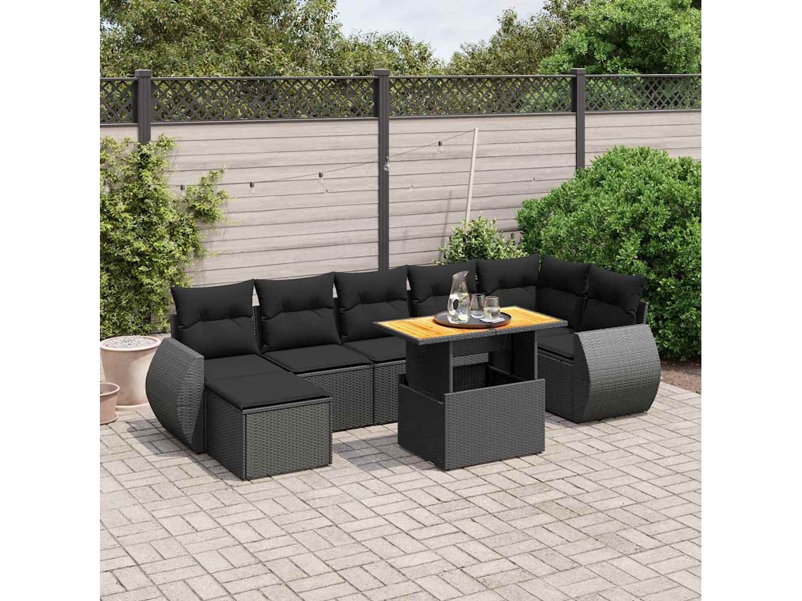 Vidaxl 8 Pcs Conjunto Sofás De Jardim Com Almofadões Vime Pe Preto