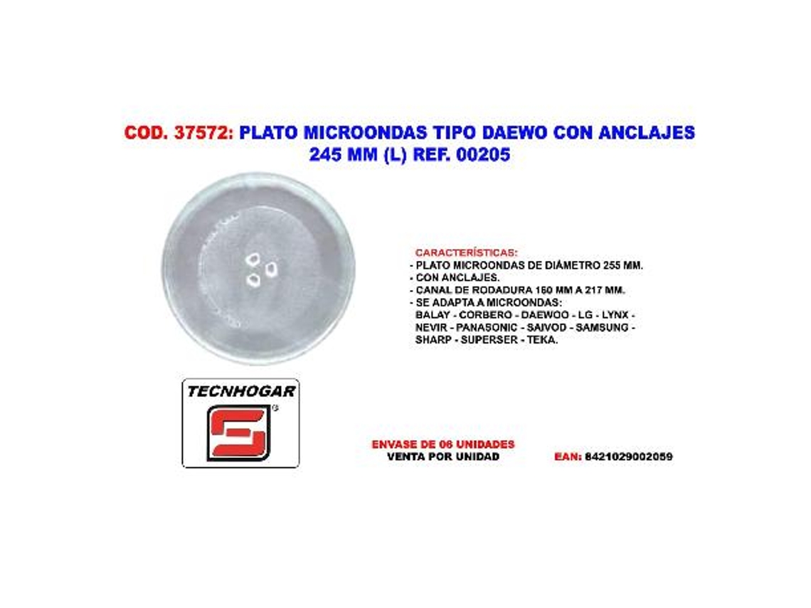 Plato microondas tipo daewo con anclajes 245 mm (l) ref. 00205