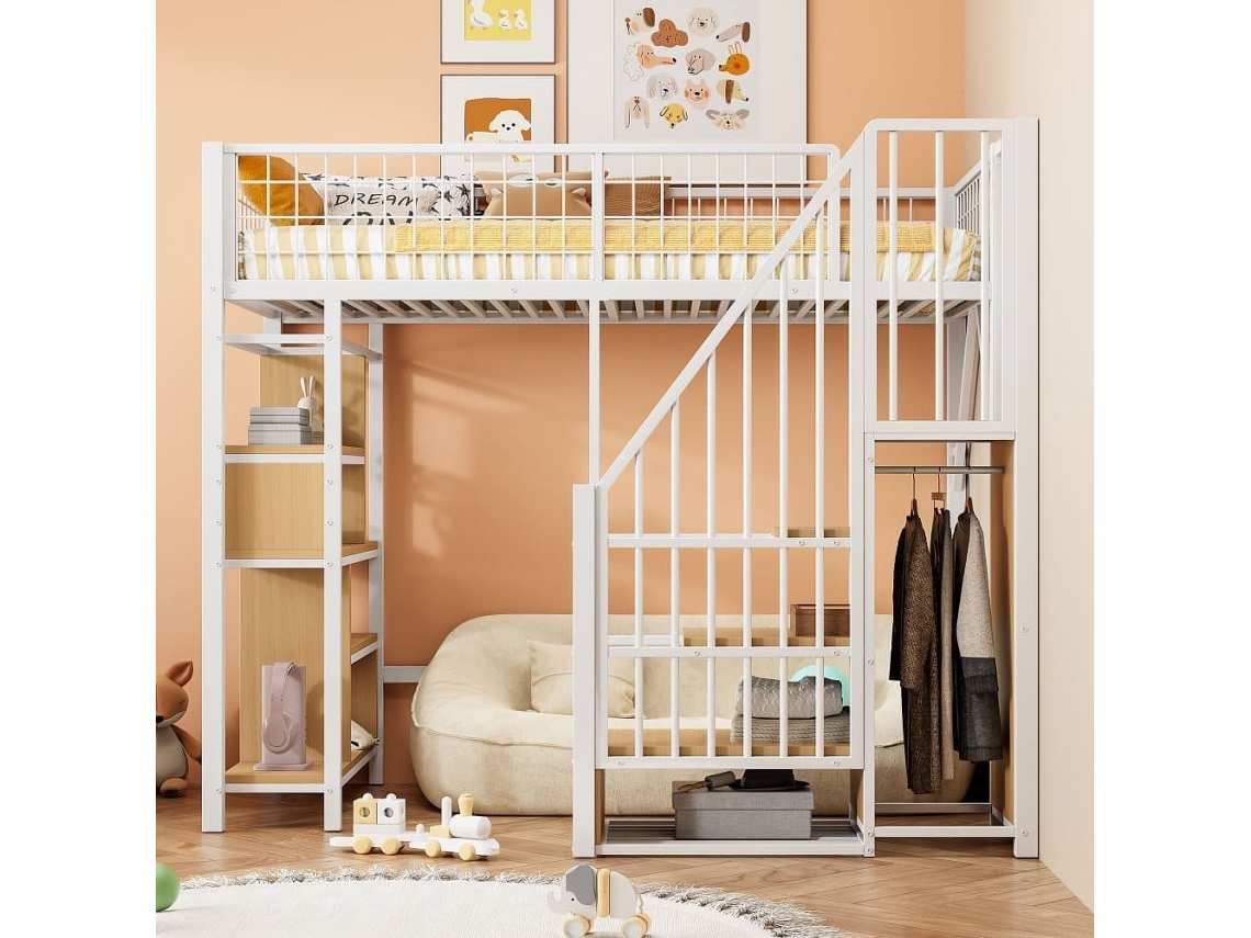 Cama Alta Multifuncional 90x200 Cm - Com Arrumação, Prateleiras E Escada - Branca