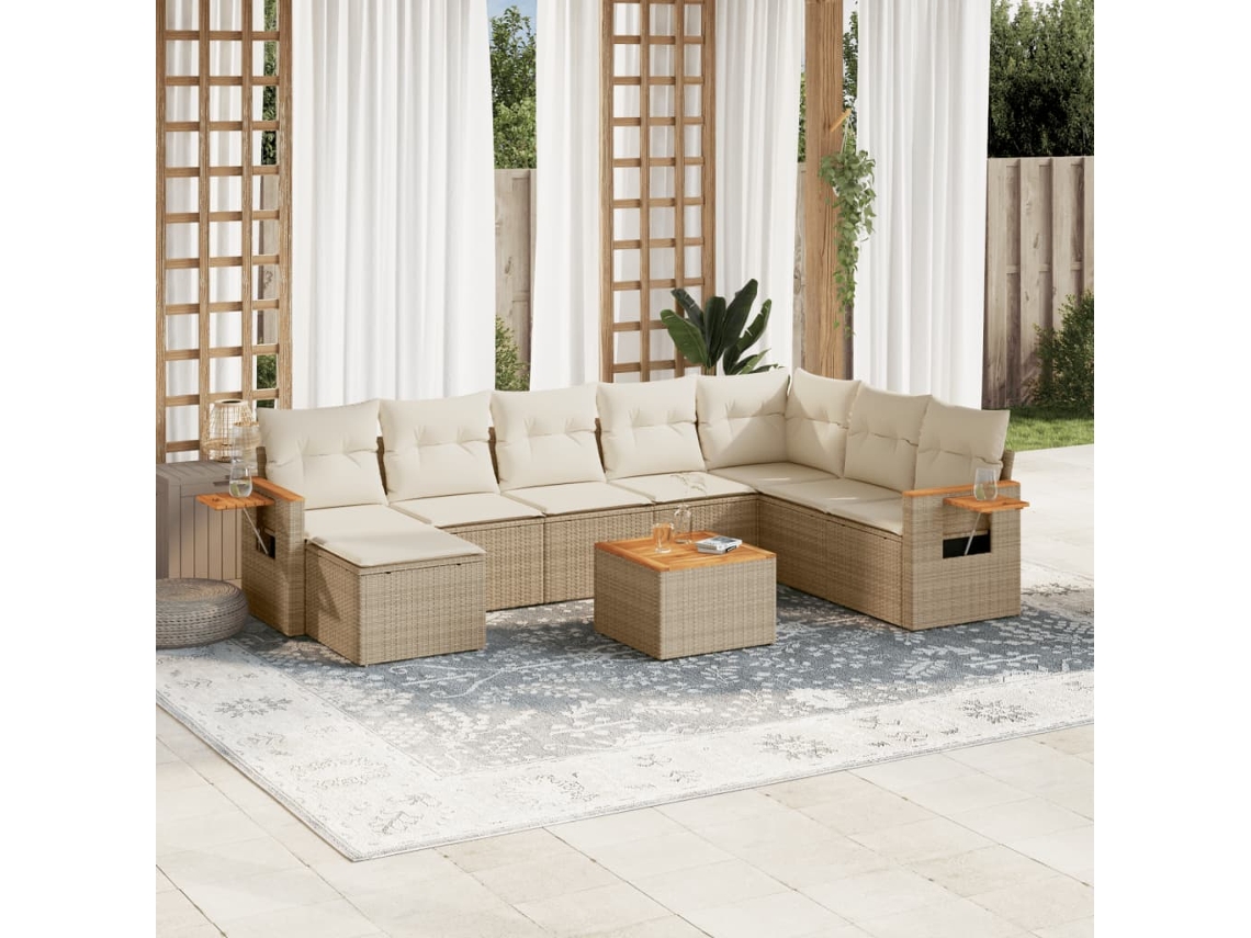 Conjunto de 9 Sofás para Jardim com Almofadas Vime Pe Bege Dkd Home Decor