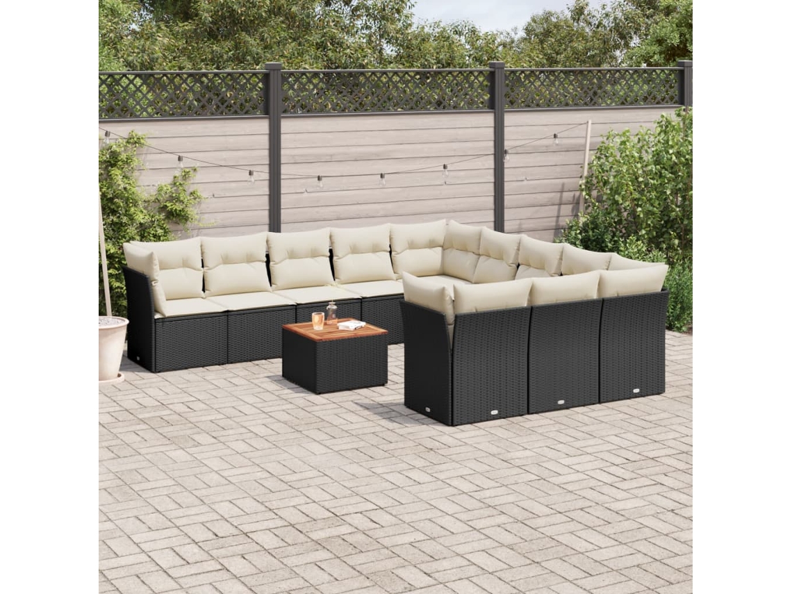 12 Pcs Conjunto De Sofá Jardim C/ Almofadões Vime Pe Preto Dkd Home Decor