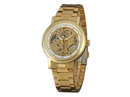 Relógio masculino Forsining com pulseira vazada em aço inoxidável e acabamento em ouro branco.
