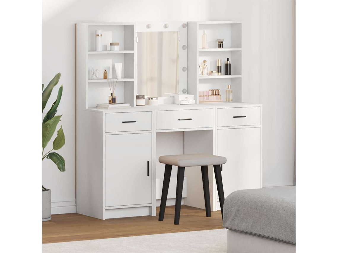 Vidaxl Conjunto De Mesa De Maquiagem Com Led Com Gaveta 3 Pcs Branco