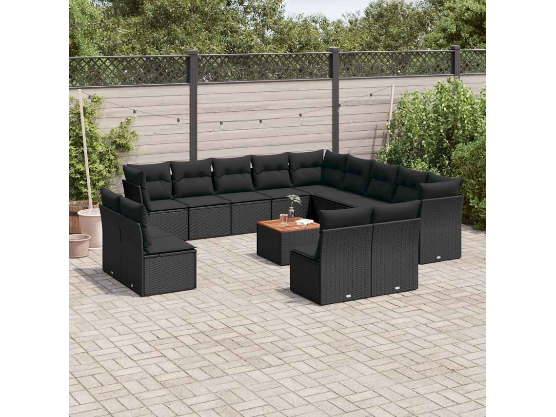 Vidaxl 14 Pcs Conjunto De Sofás P/ Jardim C/ Almofadões Vime Pe Preto