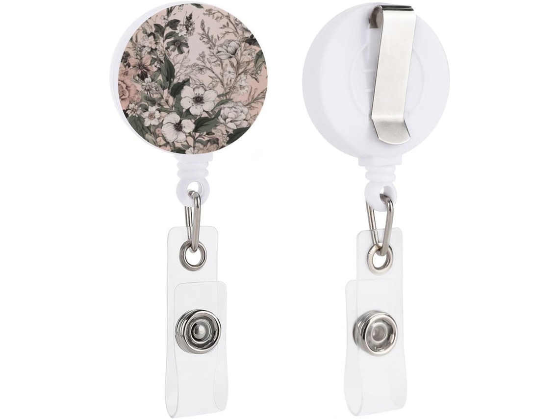 Chaveiro Retrátil Com Clipe Tipo Jacaré Crachá De Identificação, Com Estampa Floral Verde E Branca, Ideal