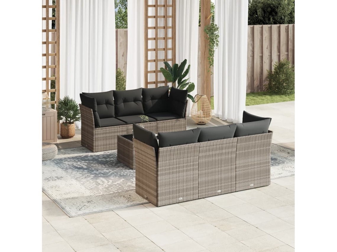 Vidaxl 7 Pcs Conj. Sofás Jardim Com Almofadões Vime Pe Cinzento-claro