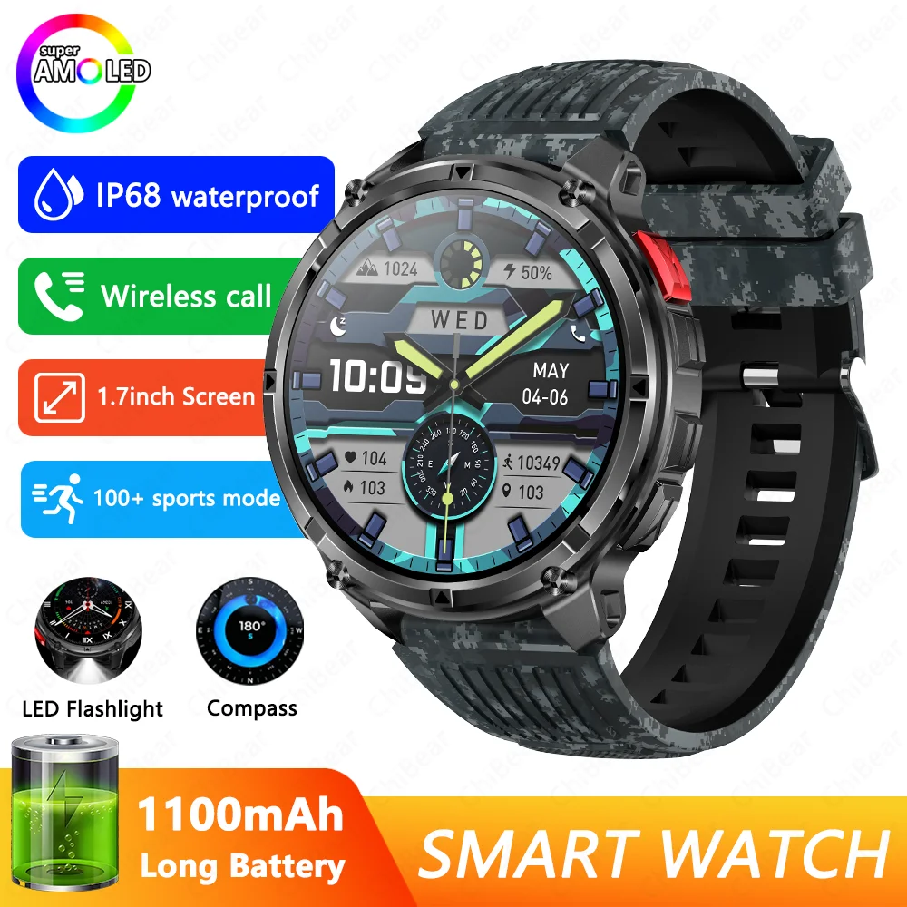 Smartwatch (preto Camuflado), Gps, Esportivo, Resistente À Água, Chamadas Bluetooth, Tela Grande De 1,7 Polegadas