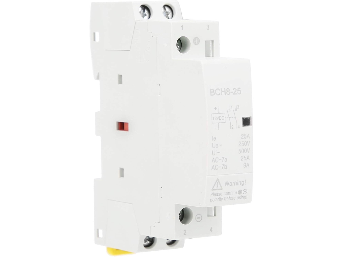 Contator/relé DC 12V/24V 25A, 2 contatos normalmente abertos, silencioso, montagem em trilho DIN, para sistemas solares, automação residencial e automação industrial.