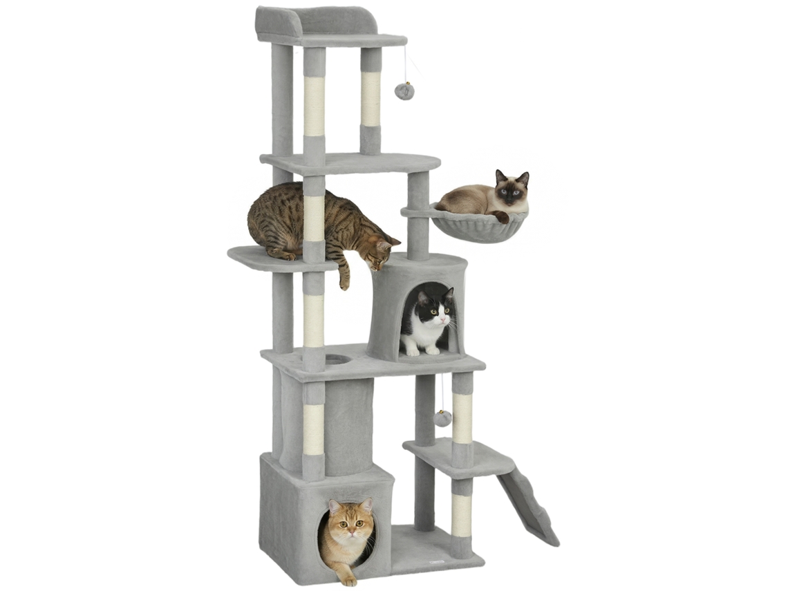 Árvore Para Gatos Com 7 Postes Para Arranhar, 3 Plataformas, 2 Esconderijos, Túnel, Rede E 2 Pompons, 170 Cm, Cinza Escuro