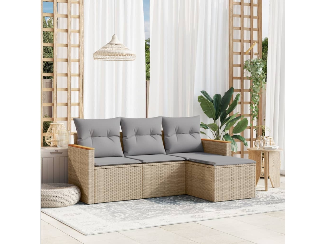 Vidaxl 4 Pcs Conjunto De Sofás Para Jardim C/ Almofadões Vime Pe Bege