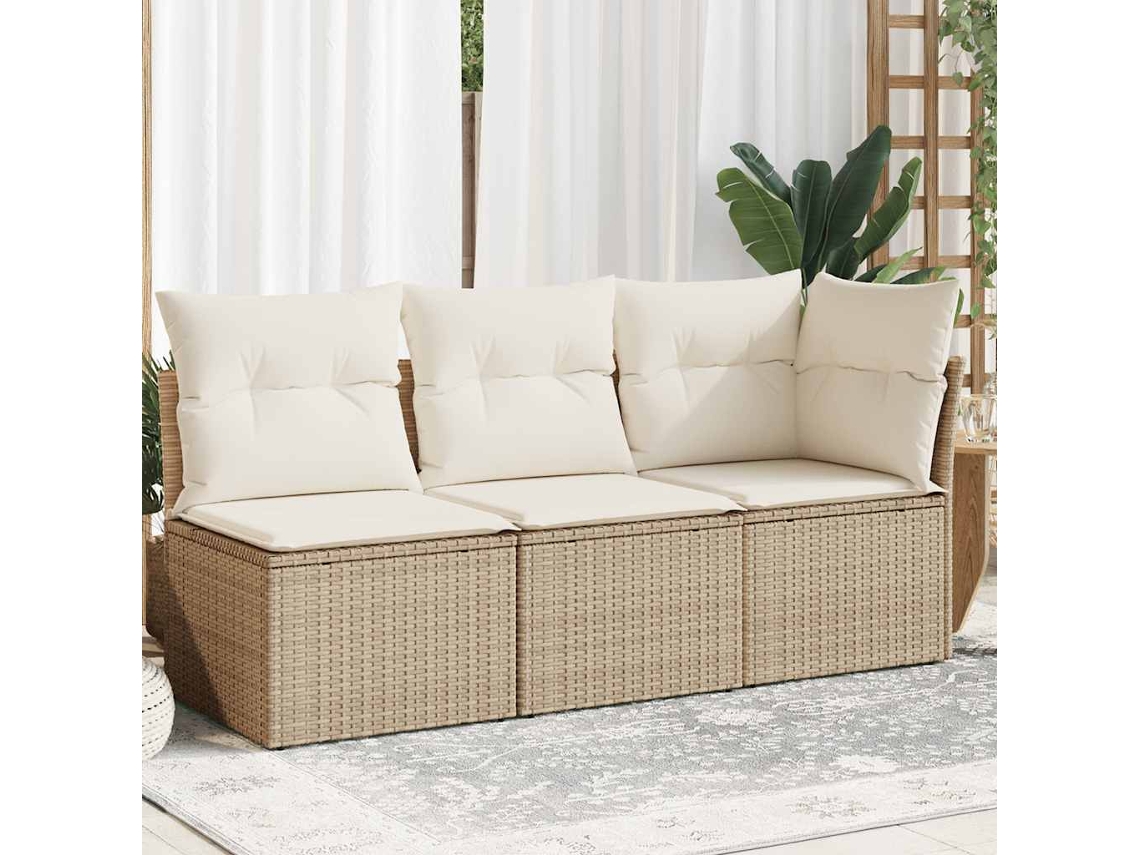 Vidaxl Sofá De Jardim De 3 Lugares Com Almofadões Vime Pe Bege