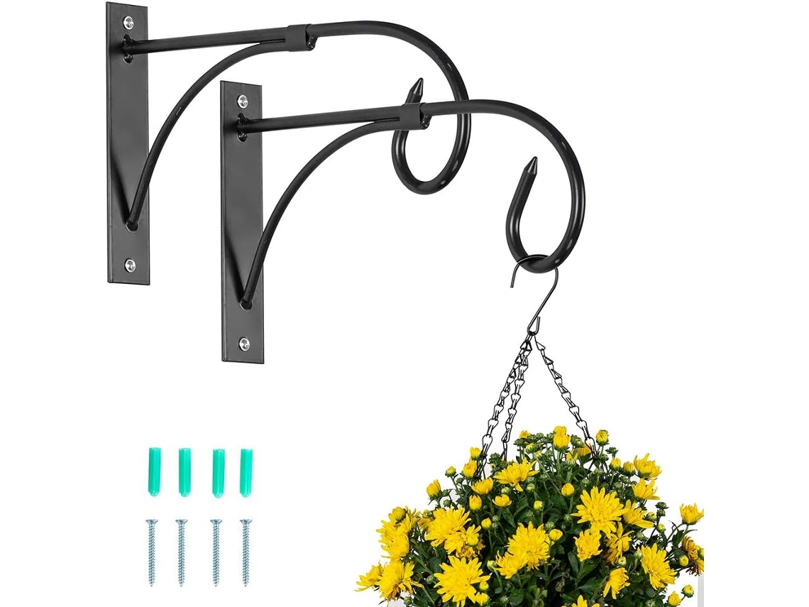 Suporte para Vaso Suspenso de Plantas Externas, Conjunto com 2 Ganchos, Cor Preta, Ideal para Cercas BRILVIBERA