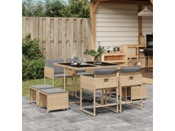 Conjunto 9 Peças Jantar Jardim C/ Almofadões Vime Pe Bege Misturado Dkd Home Decor