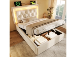 Cama 90x200cm veludo, hidráulica com baú, LED, USB/tipo c, estrutura ripada, incluída, bege, KOMHTOM