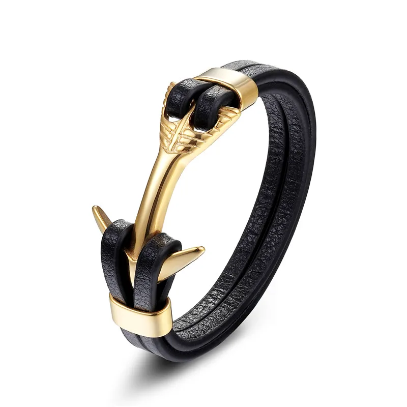 Pulseira Masculina em Couro Genuíno com Pingente de Âncora e Fecho em Aço Inoxidável. MDUG