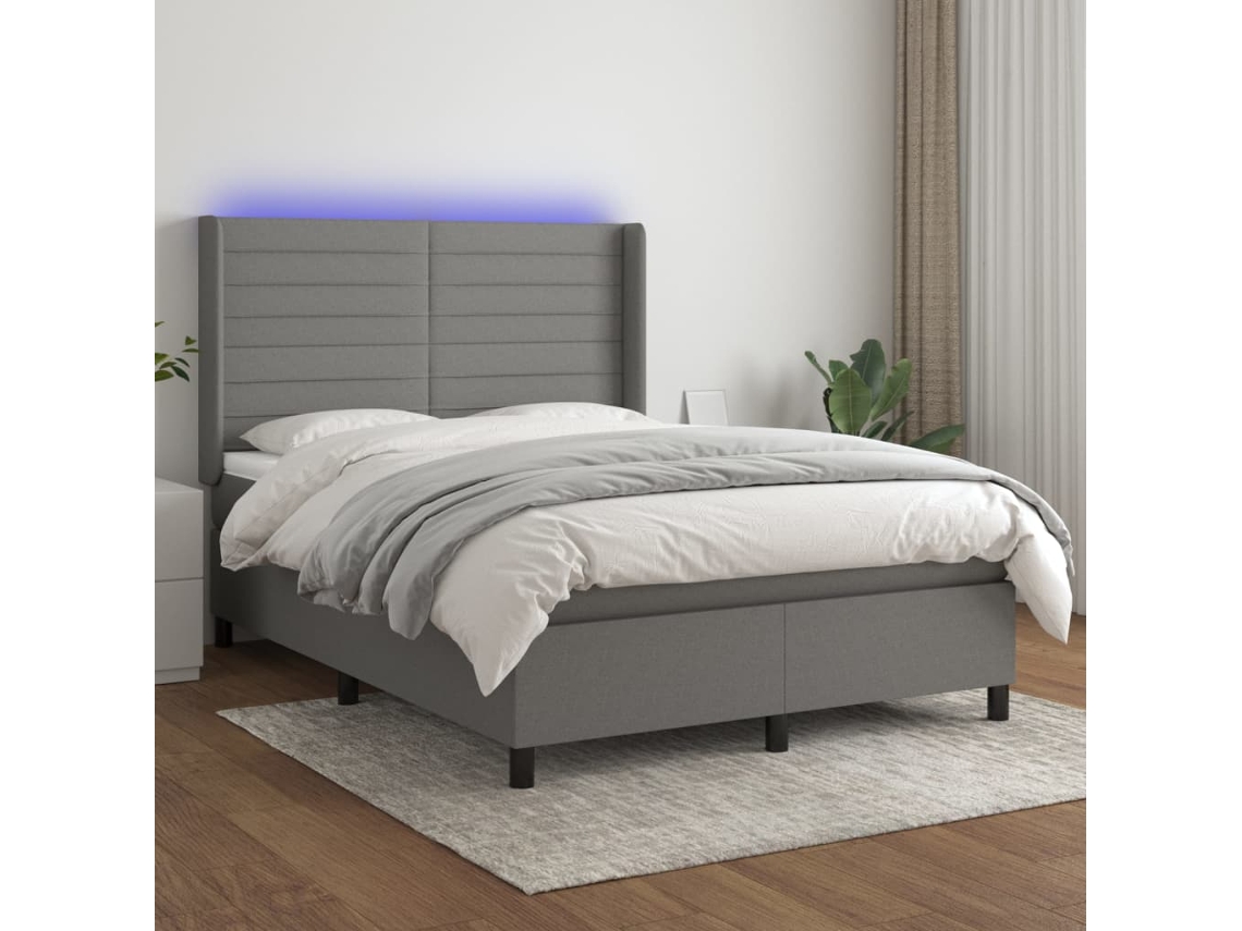 Vidaxl Cama Box Spring C/ Colchão E Led 140x200 Cm Tecido Cinza-escuro