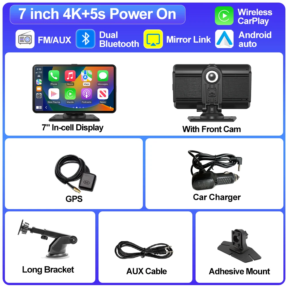 (dvr-gps) Dvr Para Carro, Tela De 7 Polegadas 4k Com Carplay Sem Fio E Gps De Lente Dupla