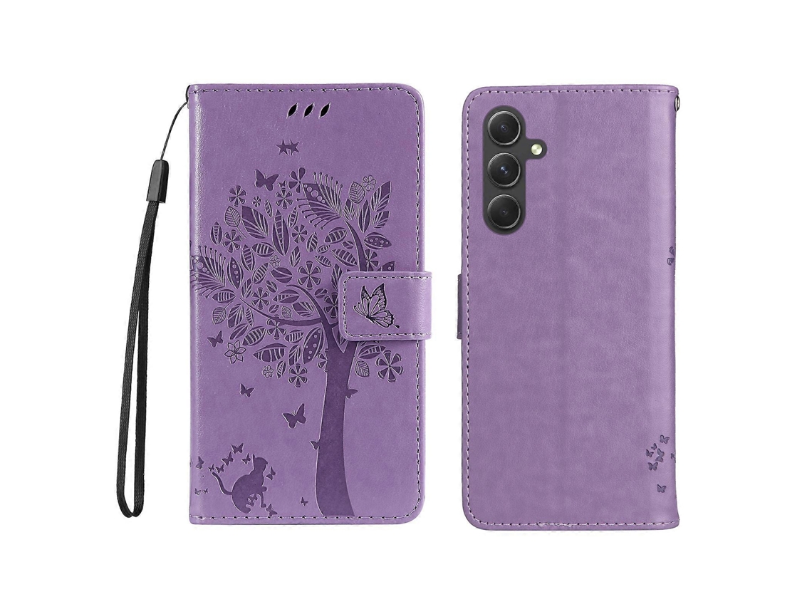 Capa De Celular Tkdaddy Para Samsung Galaxy A55 5g Com Suporte E Estampa De Gato E Árvore, Carteira De Couro, Roxo Claro