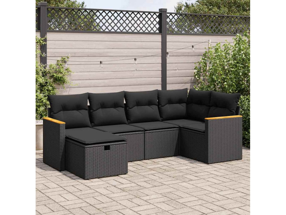 Vidaxl 6 Pcs Conjunto Sofás de Jardim C/ Almofadões Vime Pe Preto