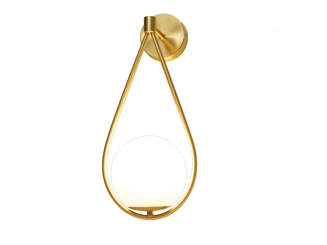 Aplique De Parede "gota" Com Esfera De Vidro Opalino E Rosácea Metálica Dourada E27