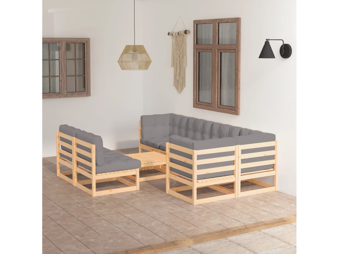 Vidaxl 8 Pcs Conjunto Lounge De Jardim C/ Almofadões Pinho Maciço