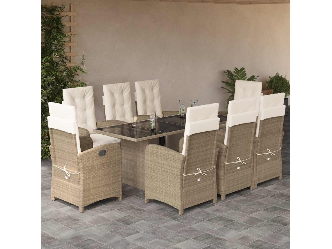 Vidaxl 9 Pcs Conjunto De Jantar P/ Jardim Com Almofadões Vime Pe Bege
