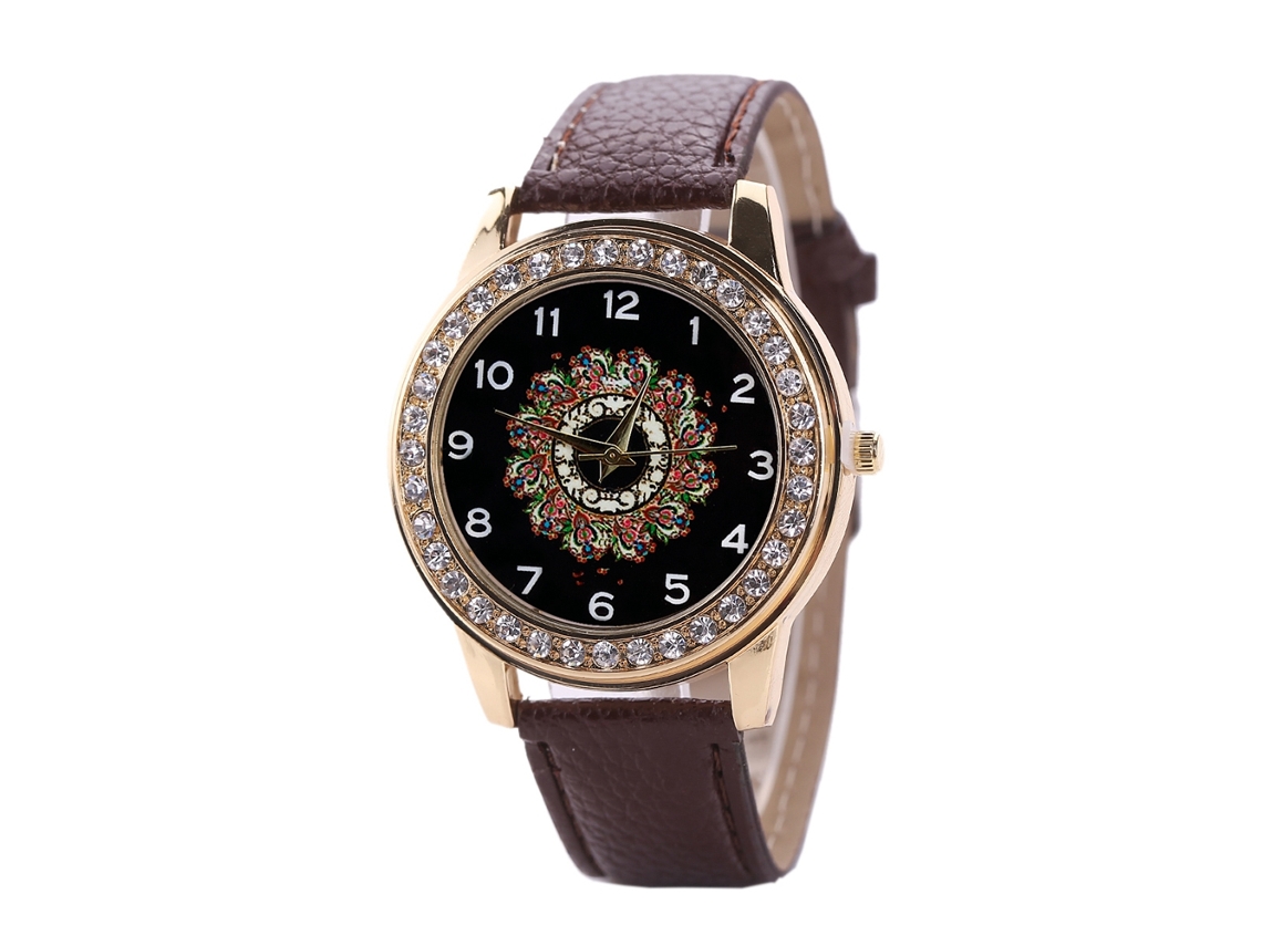 Relógio de Pulso Feminino de Moda com Pulseira de Couro Pu e Cristais Circonitas Marrom