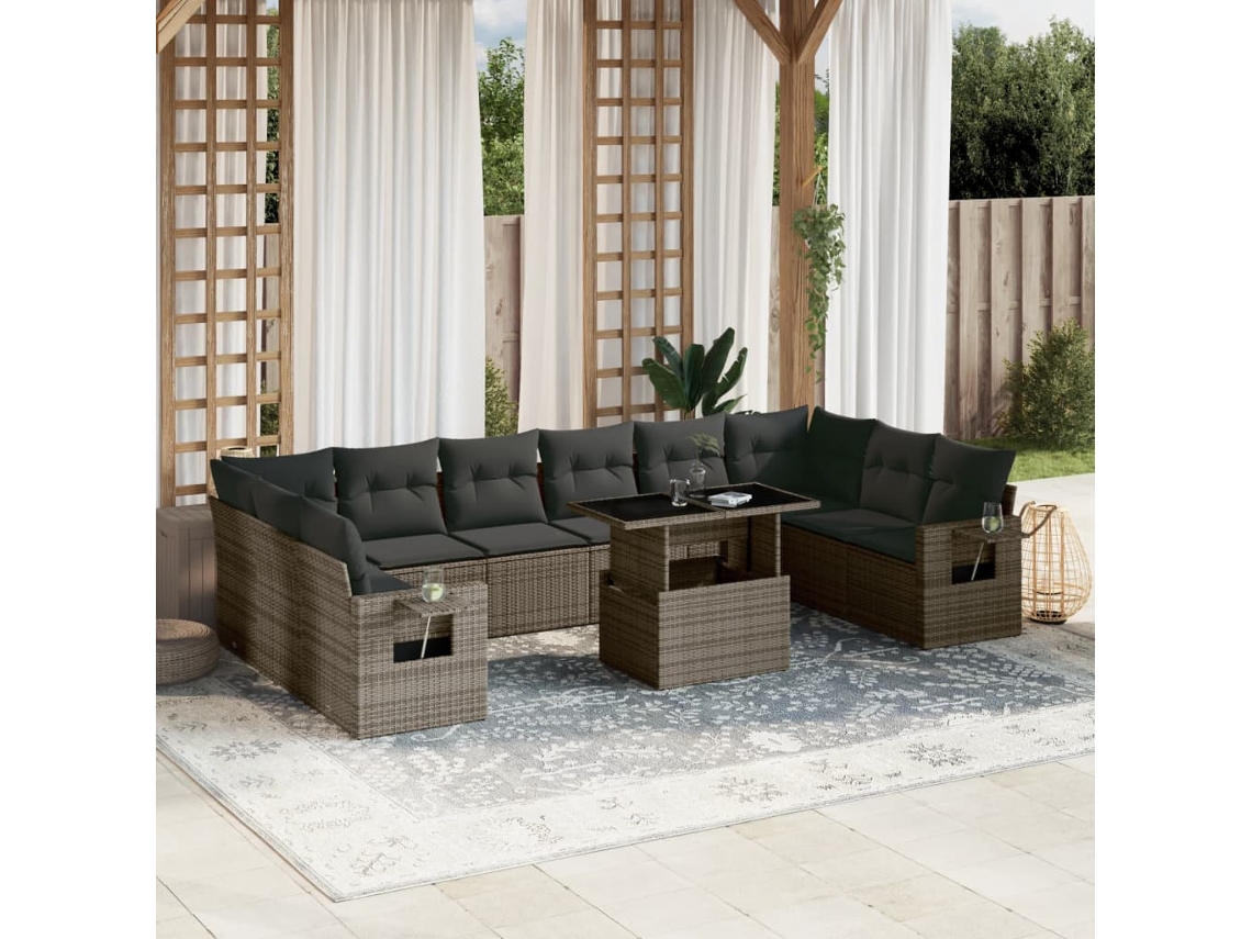 Vidaxl 11 Pcs Conjunto Sofás De Jardim C/ Almofadões Vime Pe Cinzento